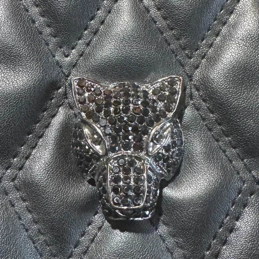 Aldo Quilted Black Leather Medium Backpack Panther Gem Chain‎ Gothic